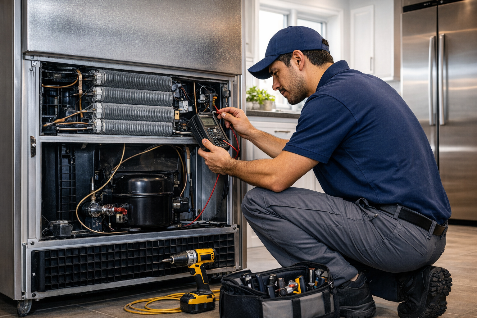 Express Xpert technician performing same-day refrigerator repair in South Florida kitchen