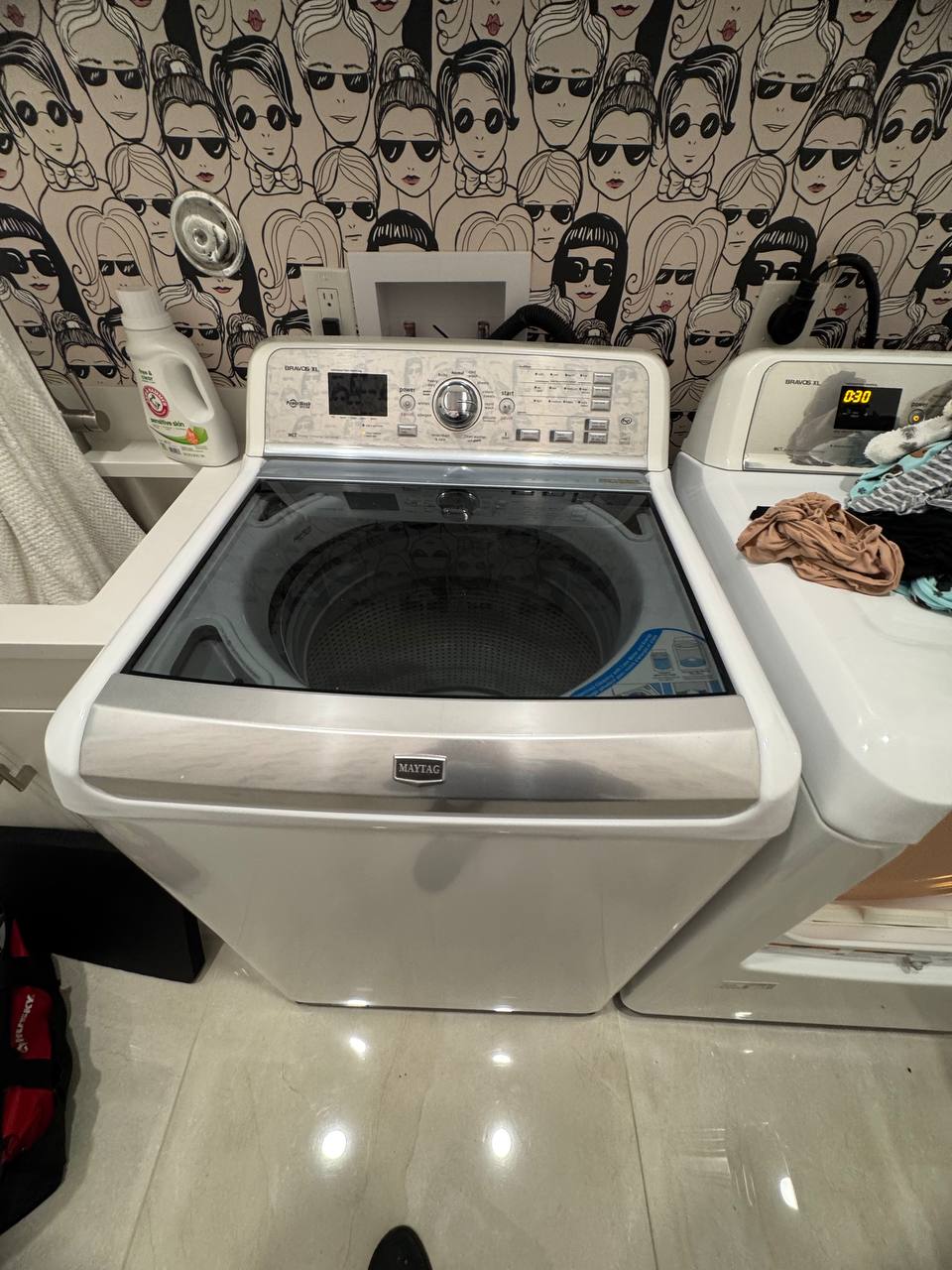 Maytag Bravos XL top-load washer with the lid open showing the drum and control panel during an Express Xpert washer repair in Fort Lauderdale, Broward County, FL