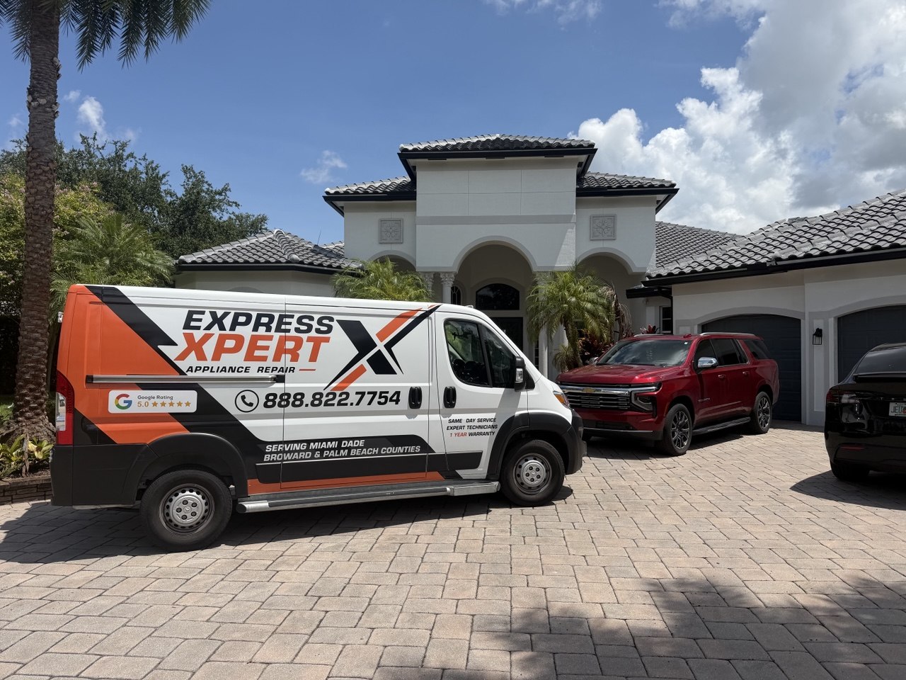 Express Xpert appliance repair van with its 5.0 Google rating in a Palm Beach County driveway
